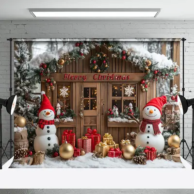 Snowy Wreath Cabin Snowman Baubla Christmas Backdrop - Aperturee