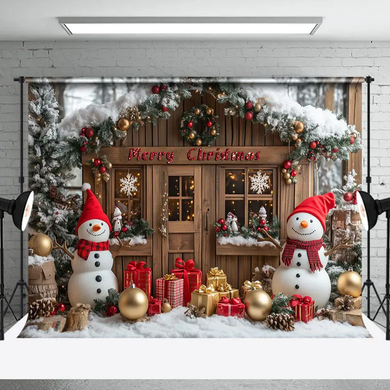 Snowy Wreath Cabin Snowman Baubla Christmas Backdrop - Aperturee