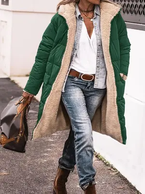 【Plus Size】 Women's Solid Pocket Zipper Reversible Thermal Lined Hooded Winter Coat, Casual Jackets, Long Sleeve Oute...