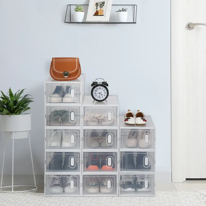 Shoe Cabinet Storage Box, 24/18/12/6/Packing Transparent Plastic Stackable Storage Box with Lid, Suitable for Cloakroom in fr...