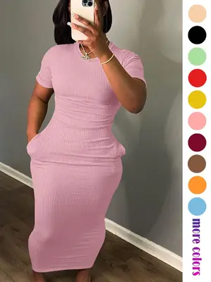 Women's Solid Color Pocket Maxi Dress, Breathable Stretchy Fabric for Summer, Loose-Fitting Casual Elegant Slim Dress for Par...