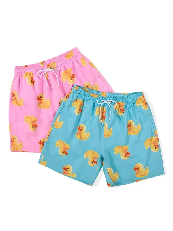 Men's Cartoon Duck Print Drawstring Shorts Set, Casual Elastic Waist Pocket Track Shorts for Summer, Back To School Outfits,�...