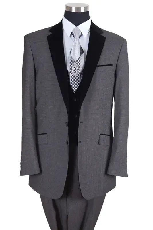 Grey Modern Fit Tuxedo Suit with Black Velvet Lapel & Vest for Men