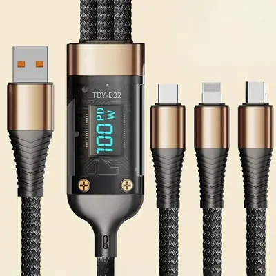 3-in-1 USB Type-C Charger Cable 100W Digital Display Fast Charging for iPhones Android Phones & Tablets Data Transmission No ...