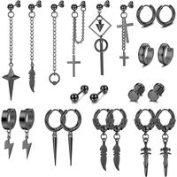 MILACOLATO 22Pcs Stainless Steel Hinged Hoop Earrings Long Chain Stud Cross Dangle Earrings Set Dangle Earrings for Men Kpop ...