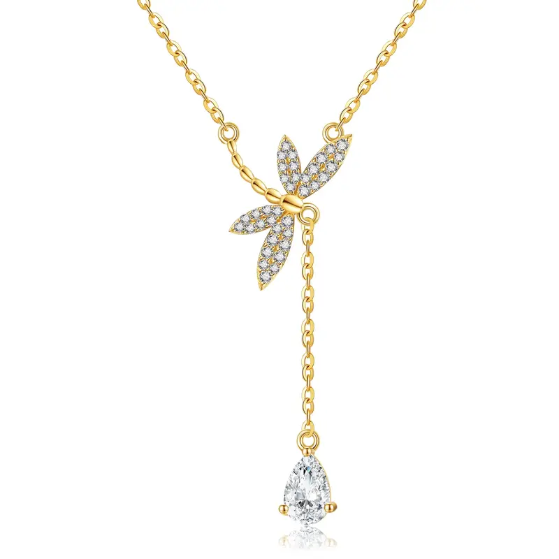 14K Gold Crystal Dragonfly Non-adjustable Y-Necklace