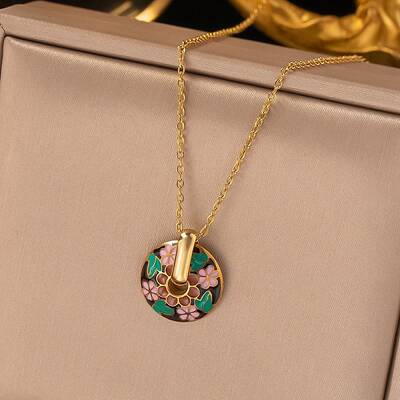 304 Stainless Steel Enamel Flat Round Necklaces for Women