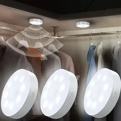 Motion-Sensor LED Light, USB Rechargeable Round LED Light, Dimmable Night Light for Bathroom, Storage Cabinet, Stairway, Corr...