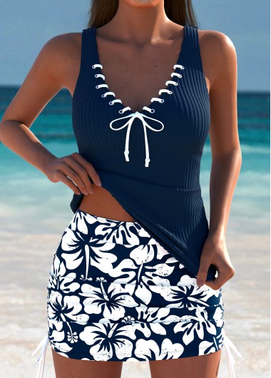Modlily Mid Waisted Tropical Plants Print Navy Tankini Set - S