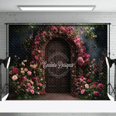 Aperturee Pink Floral Natural Plant Brown Door Photo Backdrop, 3X2FT(1MX0.6M), 14 USD, spring backdrops, ENHD1J92-M