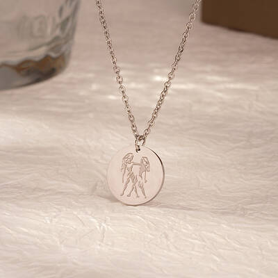 Stylish Stainless Steel Flat Round Gemini Zodiac Pendant Necklaces for Women's Daily Wear