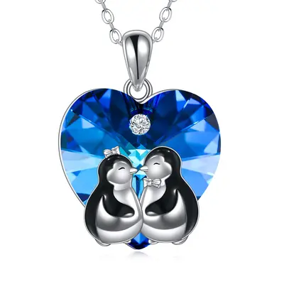 Sterling Silver Two Tone Heart Crystal With Penguin Couple Pendant Necklace For Women