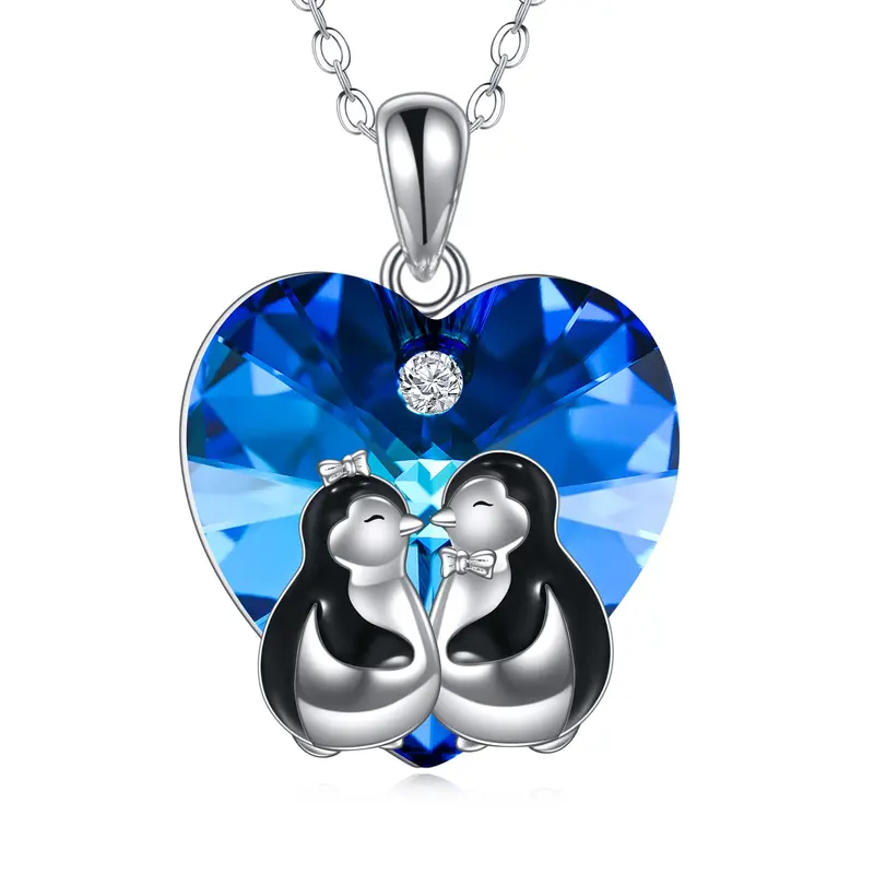 Sterling Silver Two Tone Heart Crystal With Penguin Couple Pendant Necklace For Women