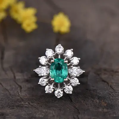 Vintage Natural Emerald And Moissanite/Diamond Engagement Ring Floral