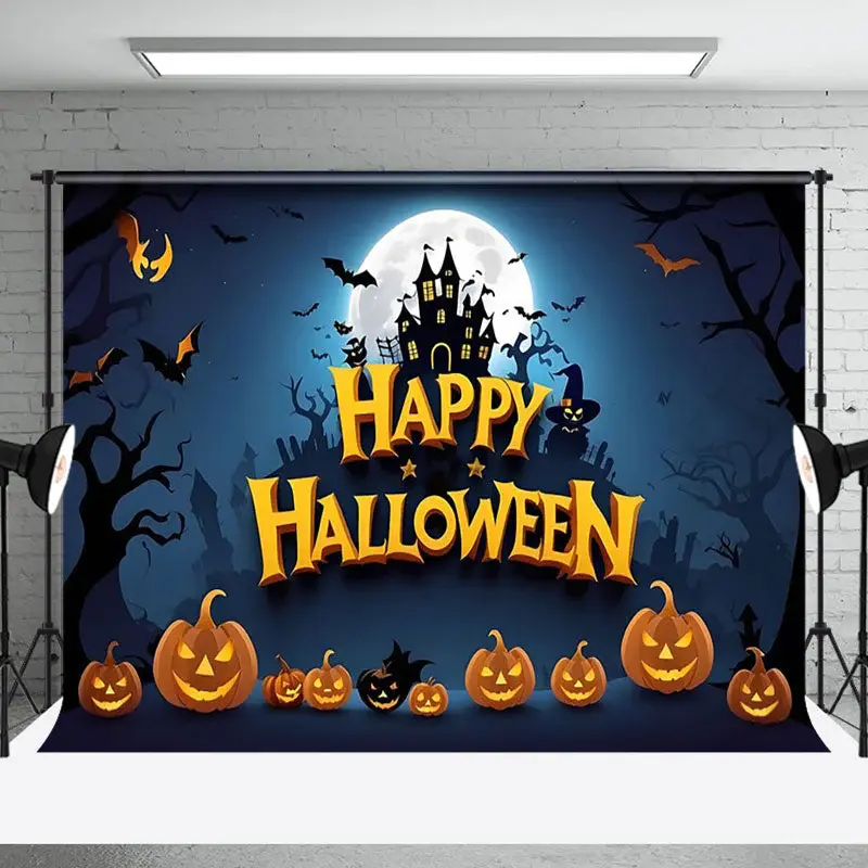Bat Forest Hill Villa Moon Night Happy Halloween Backdrop