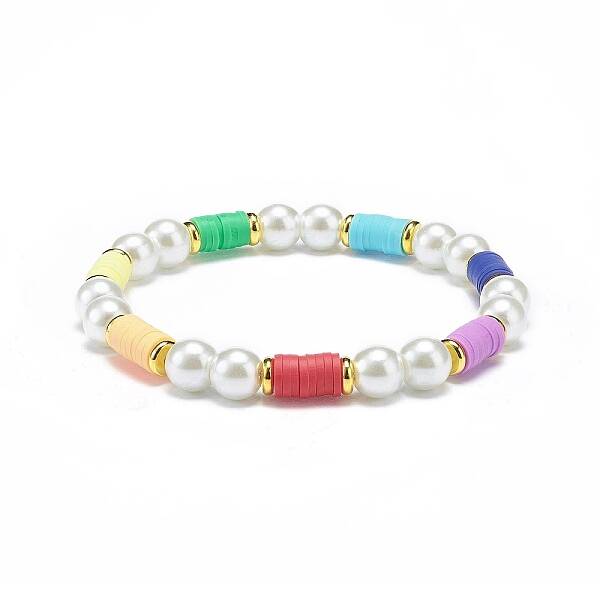 Polymer Clay Heishi & Glass Pearl & Brass Beaded Stretch Bracelet for Women