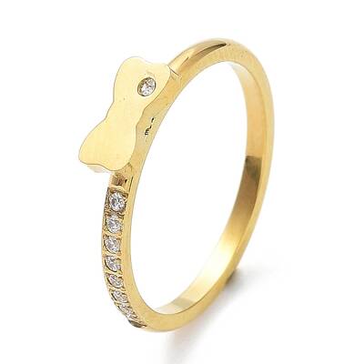 Ion Plating(IP) 304 Stainless Steel Bowknot Finger Ring with Cubic Zirconia