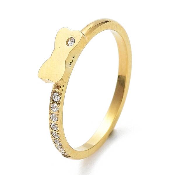 Ion Plating(IP) 304 Stainless Steel Bowknot Finger Ring with Cubic Zirconia