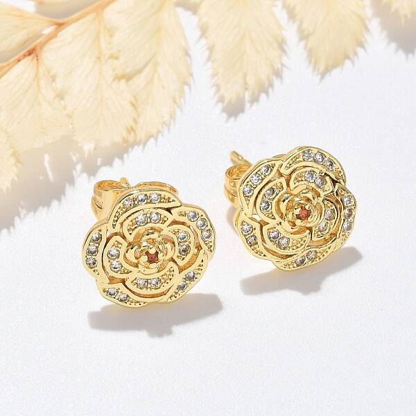 Brass Micro Pave Clear Cubic Zirconia Stud Earrings