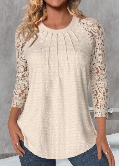 Modlily Skin Color Lace Long Sleeve Round Neck T Shirt - XXL