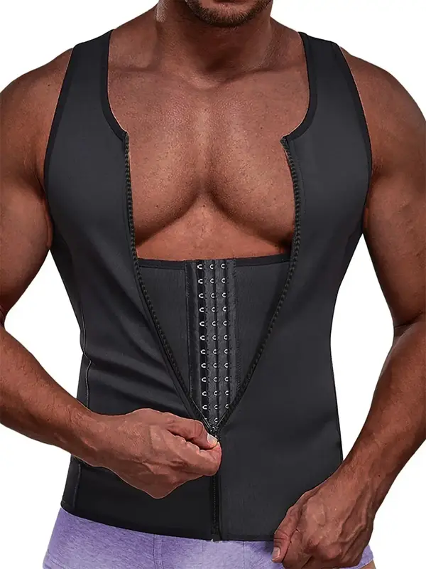 Men's Solid Zip Front Waist Trainer, Adjustable Body Shaper Vest, Workout Gym Exercise Sweat Shirt, Men's Sport & Outdoor Clo...