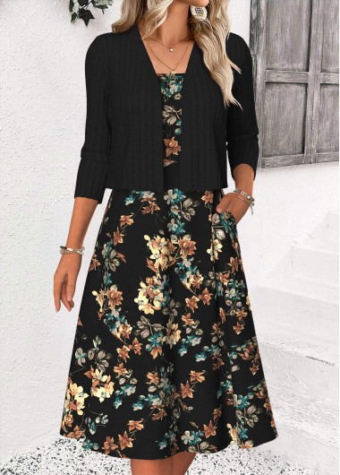 Modlily Black Tummy Coverage Floral Print Long Sleeve Dress - M