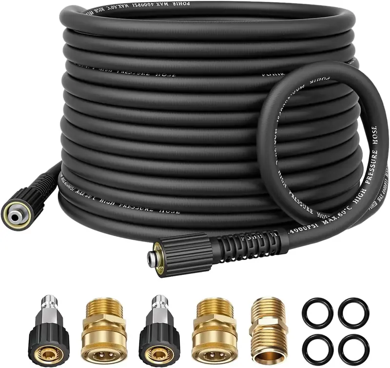 Pohir Pressure Washer Hose 50FT*1/4 with M22&14mm Connects, 4000PSI Power Washing Hose with M22 to 3/8 Quick Connect Set an...