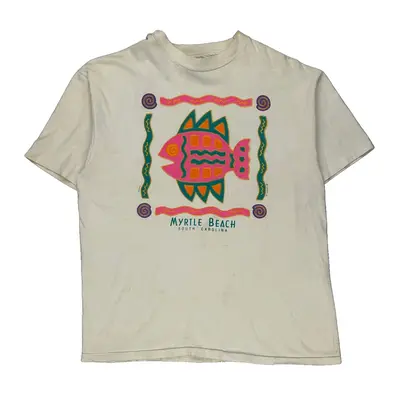 Single Stitch Hanes Graphic T-Shirt - Large Cream Cotton
