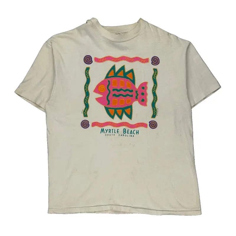 Single Stitch Hanes Graphic T-Shirt - Large Cream Cotton