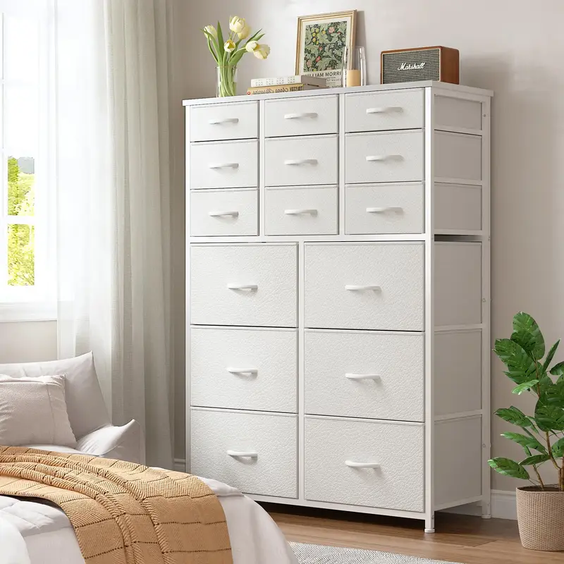 RaybeeFurniture White Dresser with 15 Drawers, Tall White Dressers & Chest of Drawers Unit for Living Room, Hallway, Closets ...