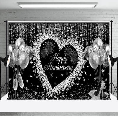 Black Silver Balloons Happy Anniversary Backdrop - Aperturee