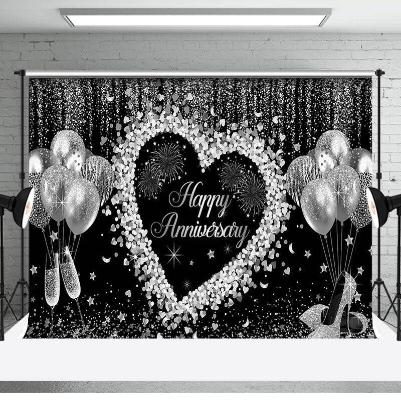 Black Silver Balloons Happy Anniversary Backdrop - Aperturee