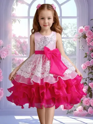 Girl's Contrast Mesh Big Bow Decor Tiered Layer Fit and Flare Party Dress, Elegant Sleeveless Round Neck Contrast Sequin Part...