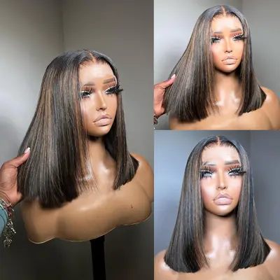 Brown Blonde Highlight Bob Wig Human Hair 8-16 Inch Wear and Go Glueless Wig