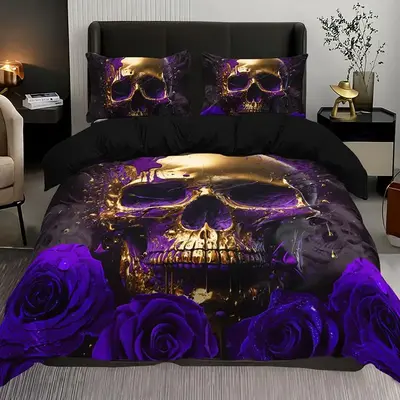 Skull & Rose Print Duvet Cover & Pillow Cases Set without Filler(3 Counts), Fashionable Bedding Set for Home Bedroom, Bedroom...