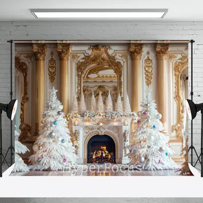 White Gold Palace Wall Fireplace Christmas Backdrop - Aperturee