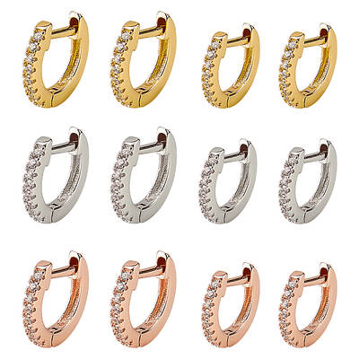 12Pcs 6 Styles Brass Micro Pave Clear Cubic Zirconia Hoop Earrings
