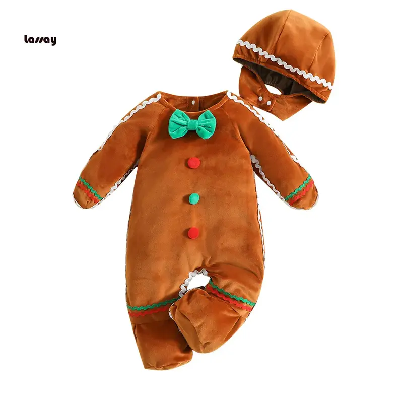 Toddler Baby Gingerbread Man Rompers Casual Long Sleeve Footed Jumpsuit and Cute Hat for Newborn Girl Boy