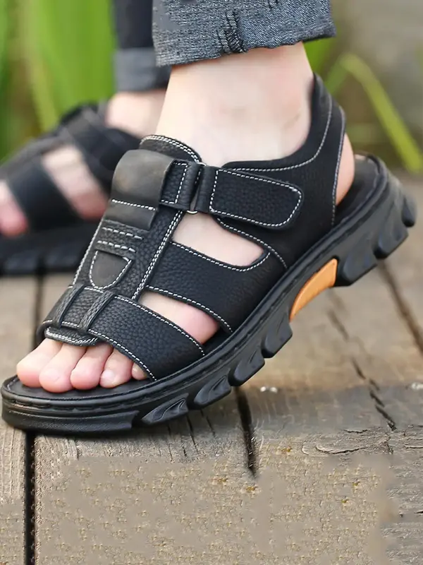Men's Casual Plain Velcro Sandals, 2024 Fashionable Summer New Open Toe Sandals for Summer, Lightweight Breathable Comfortabl...