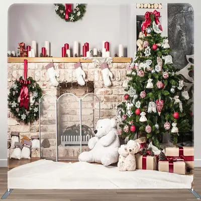 Candle Fireplace Bear Doll Xmas Pillow Case Backdrop - Aperturee