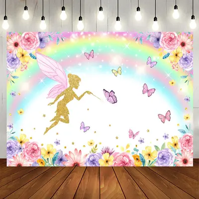 Aperturee Rainbow Butterfly Flowers Birthday Backdrop