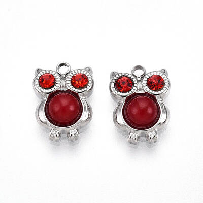 304 Stainless Steel Pave Natural Red Jasper and Ruby Rhinestone Owl Charms