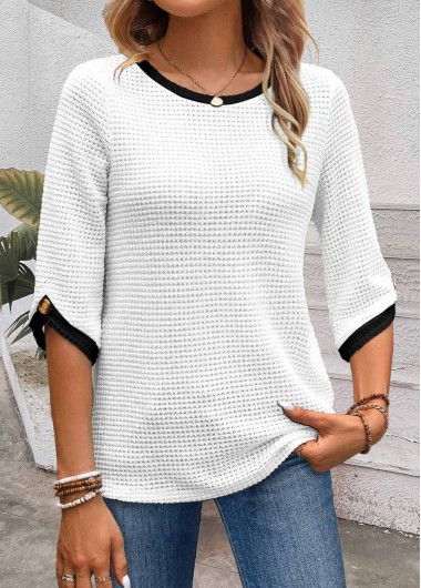 Modlily White Jacquard Half Sleeve Round Neck T Shirt - L