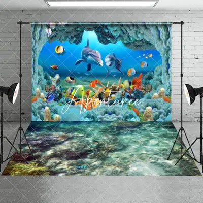 Aperturee Summer Blue Whale Fish Coral Reef Combo Set Backdrop, 7 x 5 ft / 7 x 5 ft, 97.4 USD, combo set backdrops, CYHD0W72-...