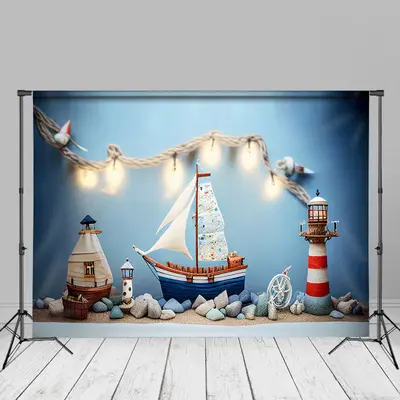 Warm Sailboat Lighthouse Photo Cake Smash Backdrop - Aperturee