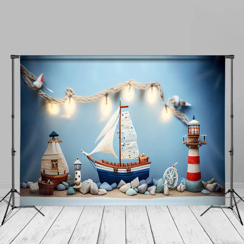 Warm Sailboat Lighthouse Photo Cake Smash Backdrop - Aperturee