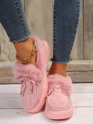 Women's Solid Color Bow Decorated Fluffy Lined Snow Boots, Casual Warm Ankle Boots for Fall & Winter, Fluffy Plush Lining Boo...