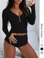 2 Counts Women's Button Detail V Neck Top & Ribbed Shorts Pj Set, Solid Fit Casual Long Sleeve Top & Shorts Pajama Set, Paja...