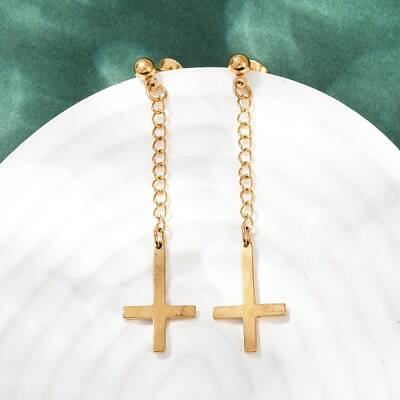 Upside Down Cross 201 Stainless Steel Dangle Stud Earrings