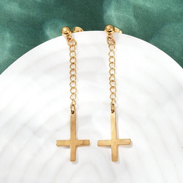Upside Down Cross 201 Stainless Steel Dangle Stud Earrings